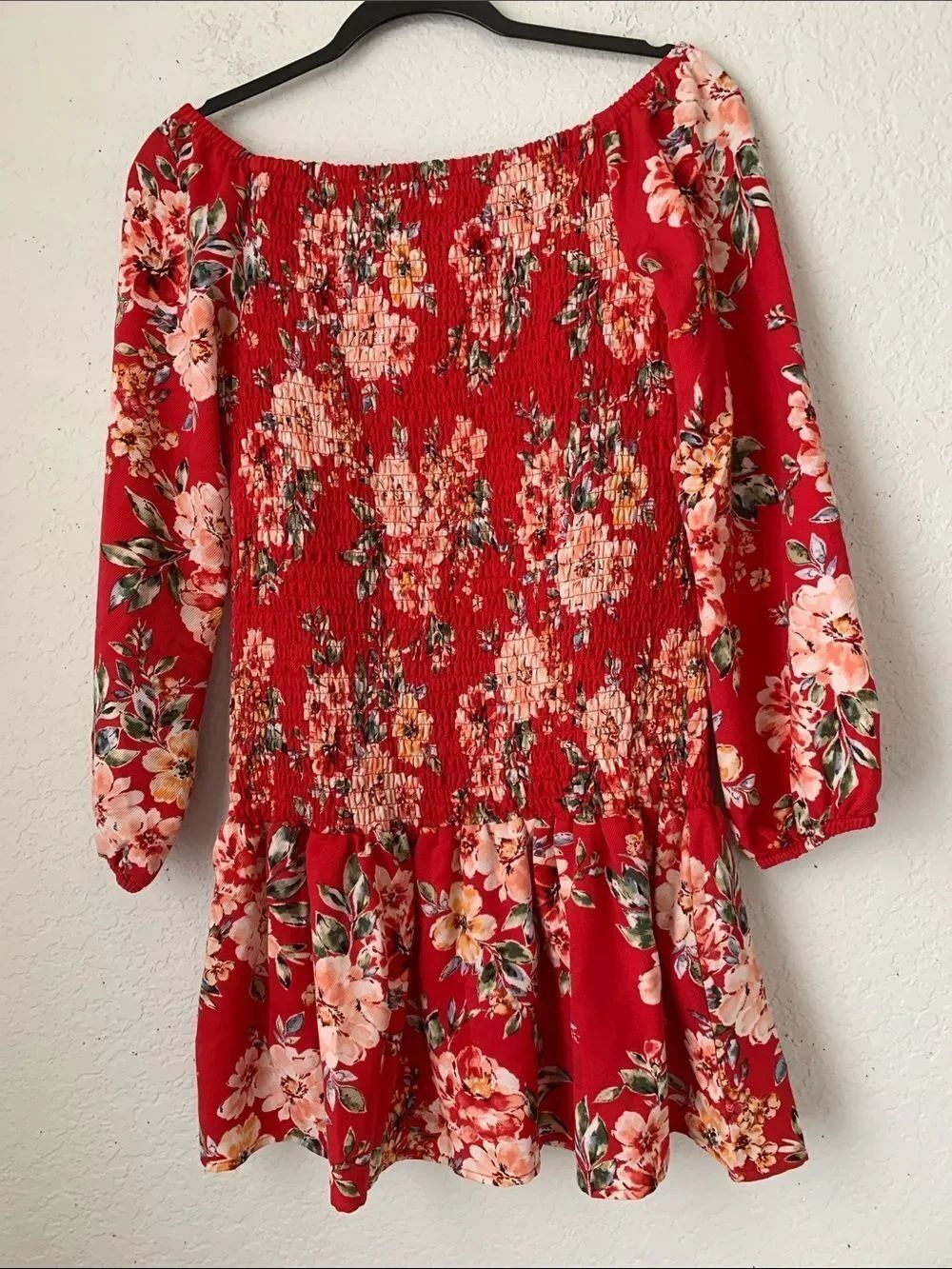 Midnight Doll' Red Floral Smocked Dress Tiered Hem Long Balloon Sleeve Size M